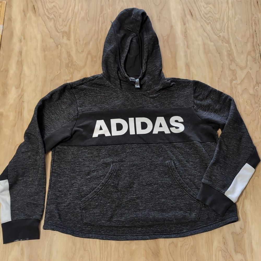 Adidas Womens Thermal Crop Top Hoodie Black Cotton Blend Size L
